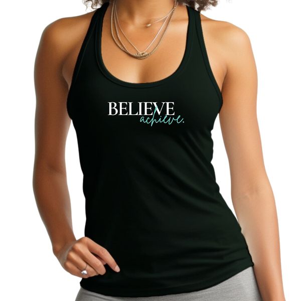 Womens Fitness Tank Top Graphic T-shirt Believe and Achieve - Black / 2XL