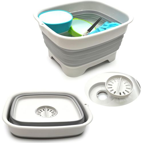 2 in 1 Collapsible Dish Basin with Drain Plug, Space Saving Outdoor Multiuse Foldable Sink Tub Dishpan Drain Kitchen Storage Tray for Camping Wash Cleaning Tool, RV Colander Versatile Strainer