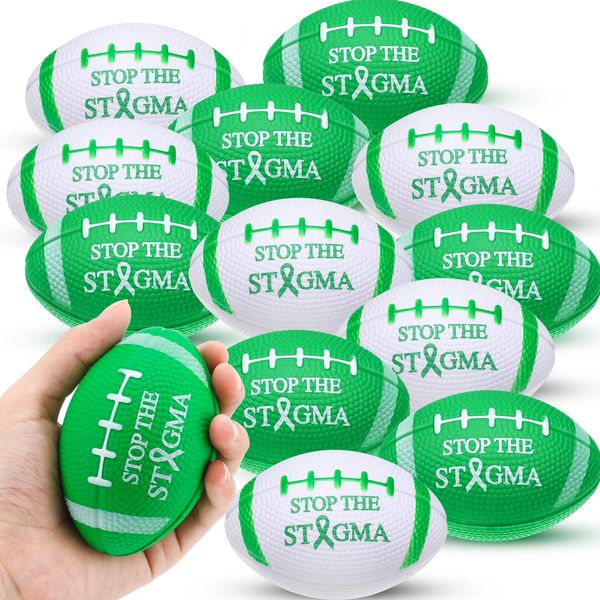 Jenaai 24 Pcs Mental Health Awareness Mini Football Stop The Stigma Foam Football Stress Ball Green Ribbon Football Mental Health Gifts for Sports Birthday Party Decorations Anxiety Relief Game