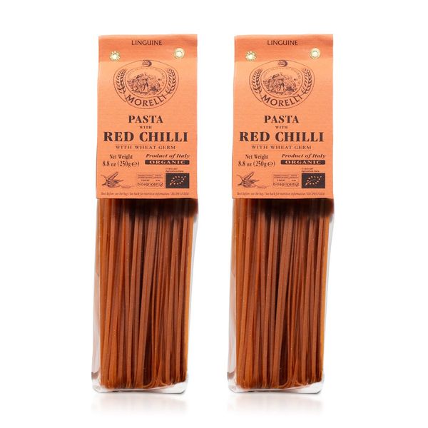 Morelli Red Chili Linguine Pasta - Red Pepper Pasta with Wheat Germ - Italian Pasta from Italy - Naturally Flavored Pasta - Gourmet Pasta - NON GMO - ORGANIC - 8.8oz (250g) - Pack of 2