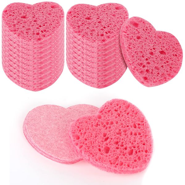 WLLHYF 20 Pieces Compressed Facial Sponges Natural Cellulose Facial Cleaning Sponges Professional Cosmetic Spa Sponges for Face Cleansing Makeup Removal Pore Exfoliating (Heart-pink)