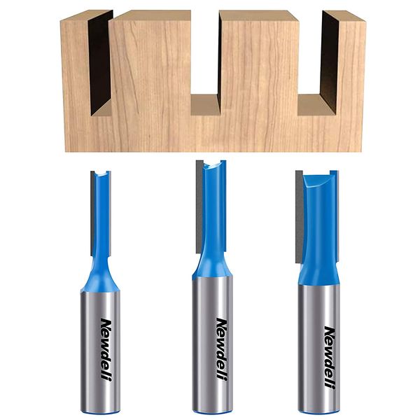 Straight Cut Router Bits, Newdeli 3pcs 1/2 Shank Double Flute Straight Router Bit Set Straight Dado Wood Milling Cutter with 1/4", 3/8", 1/2" (Dia.)