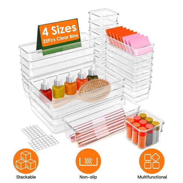 25Pcs Clear Plastic Drawer 4 Sizes Desk Drawer Dividers Trays Holder Organizers