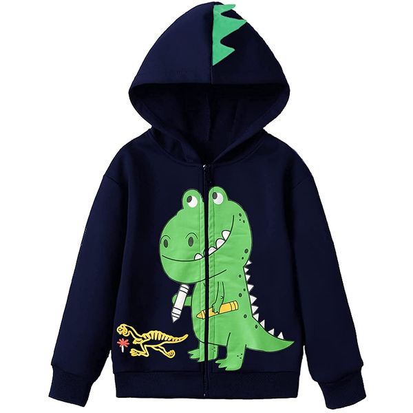 EULLA Kinder Jungen Zip Up Hoodie Sweatjacke Kapuzenjacke Dino Kapuzenpullover Langarm Baumwolle Pullover Hoody Sweatshirt mit Reißverschluss 1# Dunkelblau Dinosaurier DE 116