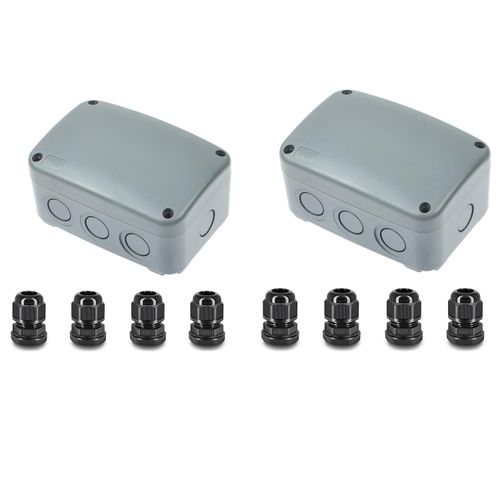 NineLeaf Outdoor Junction Box IP66 Waterproof Electrical Enclosure 4.9"x3.3"x2.3", PVC/ABS Project Box with 4PK 20mm Cable Glands, Weatherproof Grey Case for Outdoor Wire Connections, 2 Set