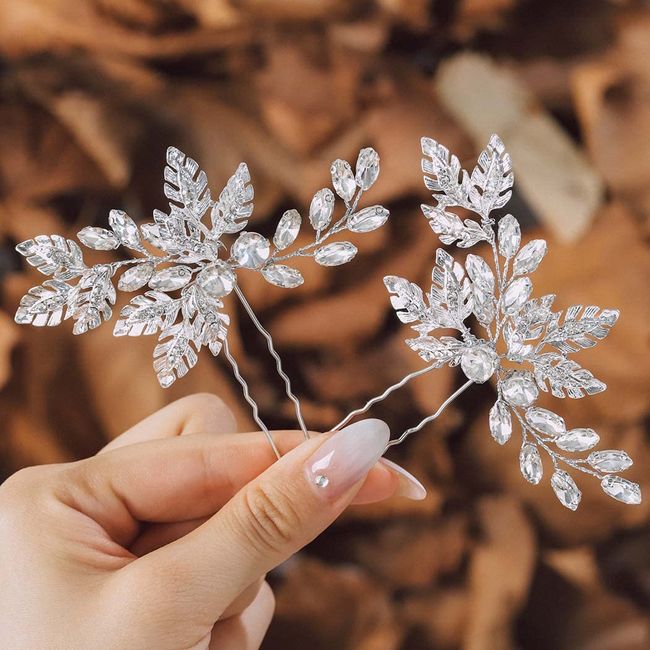 IYOU Hochzeit Braut Haarnadeln Silber Funkelnd Kristall Kopfbedeckung Laub Abschlussball Braut Haarschmuck für Frauen (2 Stück)