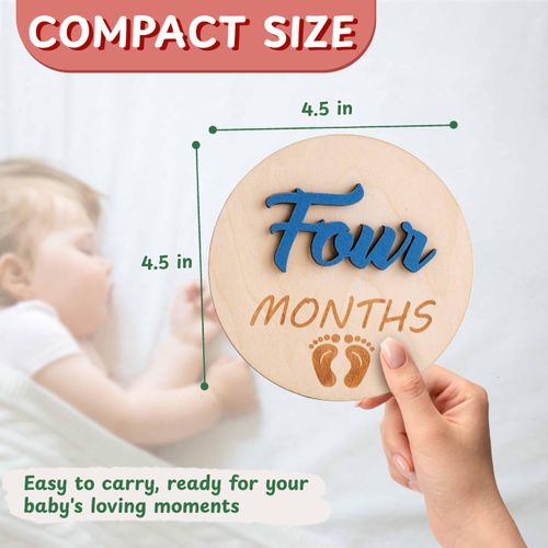 Monthly Baby Milestone Wooden Circles – 11 Double-Sided Discs with 3D Raised Blue Numbers, My First Holiday Signs & Hello World – Gender Neutral Baby Gifts (3D Blue Lettering)