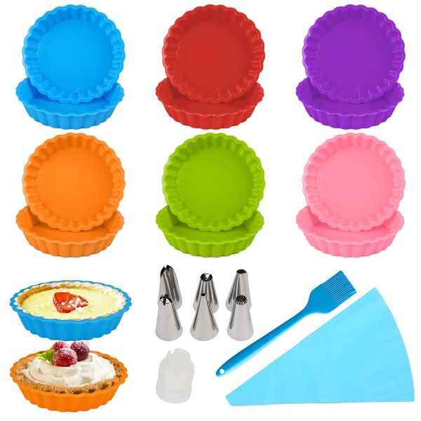 12 Stück Tarteform Klein Silikon,11 cm Mini Tartelette Förmchen Silikon,Tortenbodenform Silikon Tartlettförmchen mit Spritzbeutel,Spritztüllen und Silikonpinsel,Quicheform Klein Obstbodenform Silikon