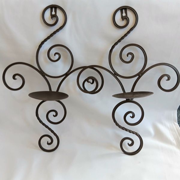 Set of 2 Scroll Black Wrought Iron Hanging Wall Sconces Candle Holders 11x16.