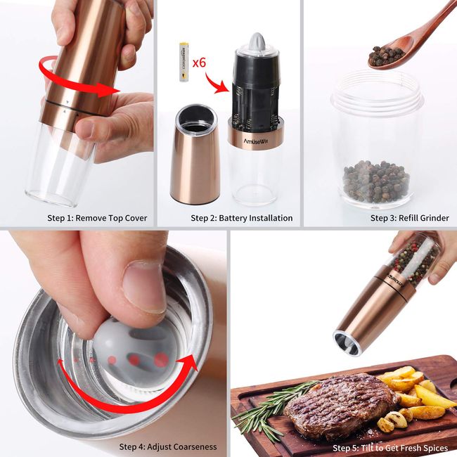 Electric Salt and Pepper Grinder Set Battery Powered Automatic Operated Pepper Grinder Gravity Salt and Pepper Mill Refillable with Light