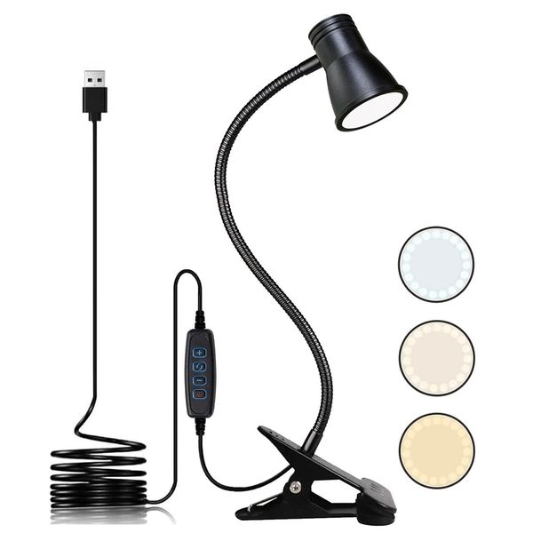 KNAMKY USB LED Desk Lamp Clip On Reading Light, 3 Light Mode 10 Dimmable Brightness Levels Eye Caring Book Light, Bed Light for Headboard,Clamp Bedside Lamp for Studying Working