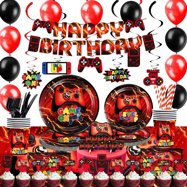 Mpanwen Red Video Game Party Supplies - 212Pcs Gamer Gaming Party Decoration For Boys Birthday Party - Table Cover, Plates, Cups, Napkins, Utensils, Hanging Swirls, Banner, Topper Serves 16 Guests