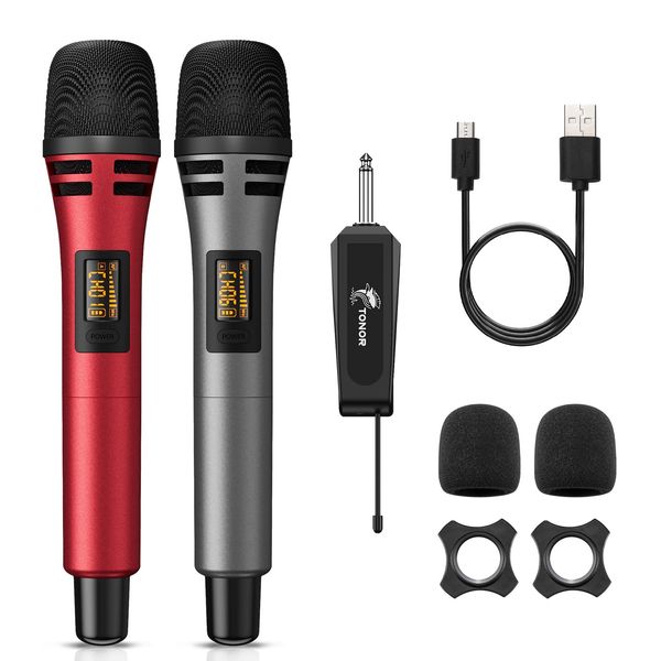 TONOR Mikrofon kabellos, drahtloses Funkmikrofon Wireless Microphone Handmikrofon dynamisch Microfono Mic mit Empfänger für Verstärker PA Anlage Karaoke Hochzeit Party Konferenz Vortrag TW320 Grau&Rot