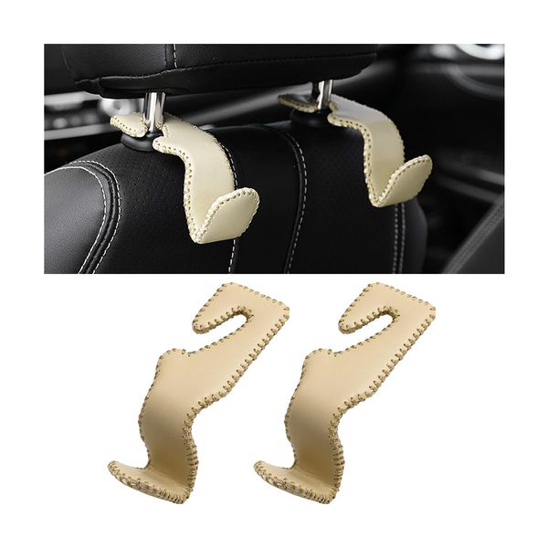 CGEAMDY 2PCS Superior Leather Car Seat Back Headrest Hooks, Durable Auto Seat Hook Hangers Interior Accessories, Car Interior Hook for Purse Bag Coats Umbrellas Grocery Bags Handbag (Beige)