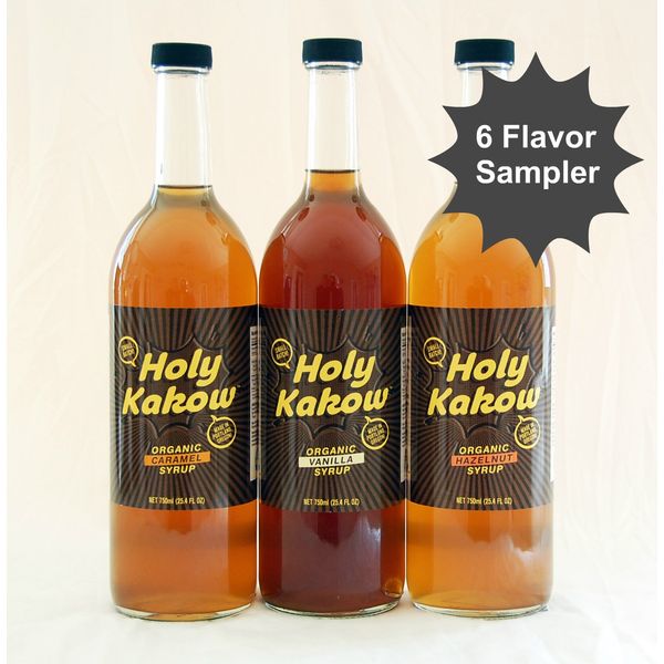 Holy Kakow Cafe Organic Syrup Variety Pack, Caramel, Hazelnut, Vanilla, Glass Bottles, 750mL (Pack of 3)