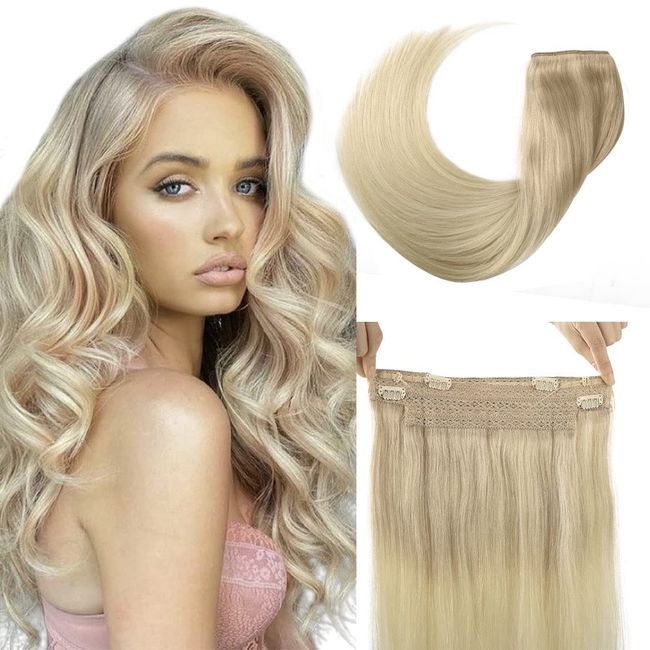 TIVBOES Wire Hair Extensions 18 inch 95g Ash Blonde to Golden Blonde and Platinum Blonde Straight Remy Hair Extensions with Invisible Fish Wire Hair Extensions Real Human Hair