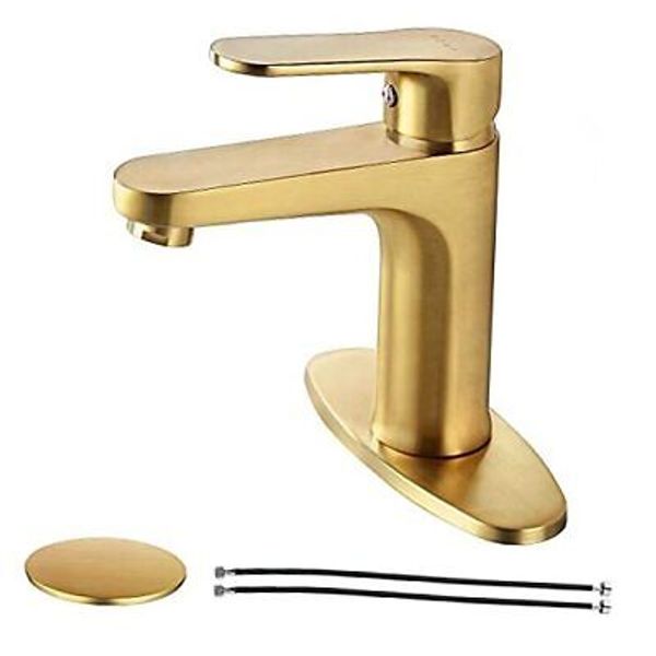 Brass Bathroom Faucet Brushed Bathroom Sink Faucet with Pop-up Sink Drain Gold