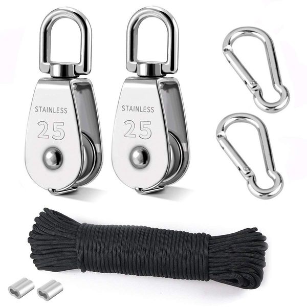 TooTaci 25MM Pulley System with Rope and Hooks, 304 Stainless Steel M25 Pulley Block Set,inlclude 2pcs M25 Single Pulley Wheel,66ft Nylon Pulley Rope & Carabiner, for Indoor Outdoor Lifting Project