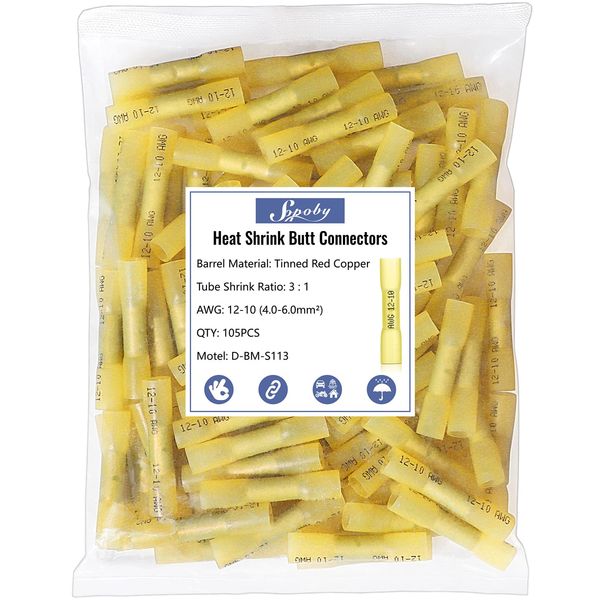 Heat Shrink Butt Wire Connectors, Sopoby 105Pcs 12-10 AWG Yellow Insulated Waterproof Electrical Wire Connectors Automotive Marine Grade Wire Crimp Terminals Butt Splices, Ideal for Boat, Truck,Yellow