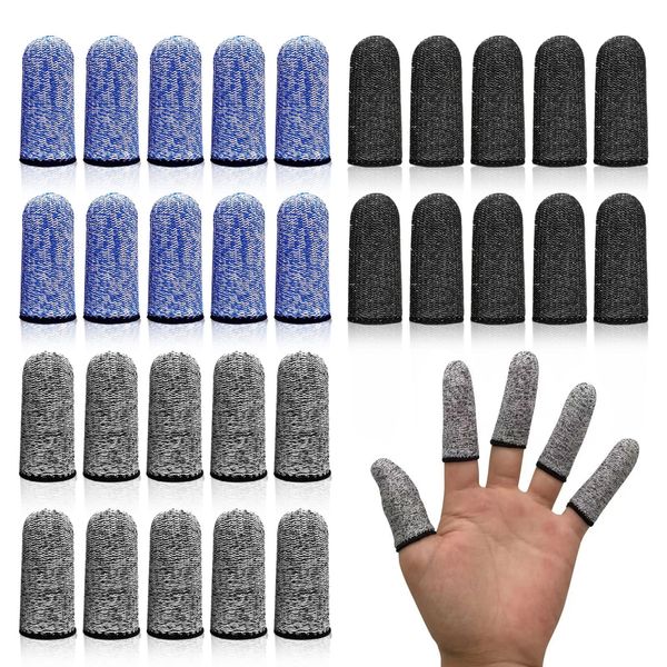 TSHAOUN 30 Pcs Finger Cots, Reusable Finger Protectors Anti Cutting Finger Cover Finger Sleeve, Thumb Protector Cut Resistant Protection for Kitchen,Garden, Work, Sculpture (Black,Blue,Grey)