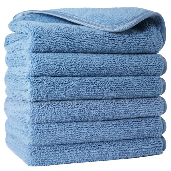 POLYTE Premium Lint Free Microfiber Washcloth Face Towel, 13 x 13 in, Set of 6 (Blue)