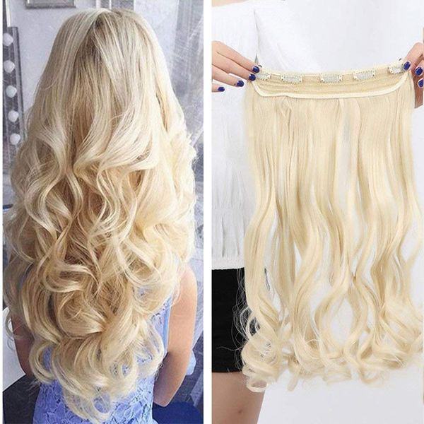 24" Clip In Hair Extensions One Piece Curly 3/4 Full Head Hairpieces Wavy 5 Clips - Bleach Blonde(60cm-120g)