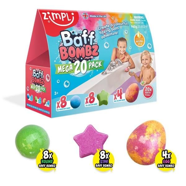 Zimpli Kids&#39; Bath Bomb Mega Value Pack of 20, creating a colorful, bubbly bath time adventure for kids.