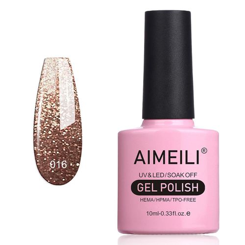 AIMEILI Soak Off UV LED Glitter Gel Nail Polish - Tinsel Toast Gold Diamond (016) 10ml
