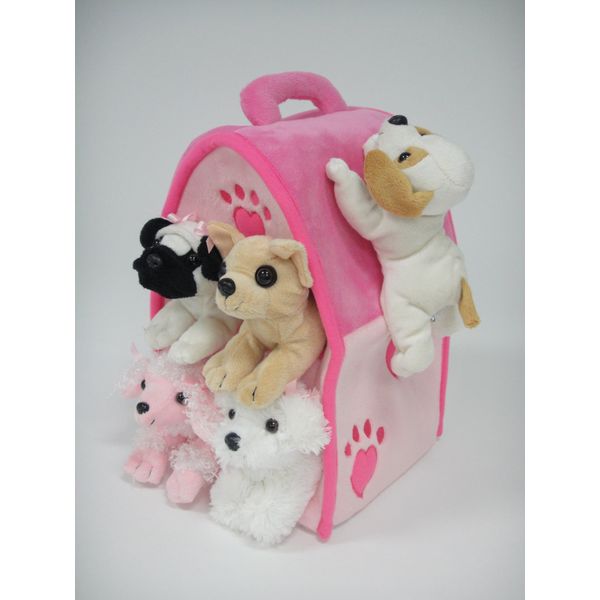 Plush Pink Dog House with Dogs - Five (5) Stuffed Animal Dogs in Pink Play Dog House Case