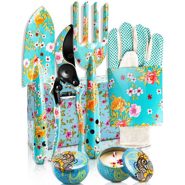 Gardening Gifts For Women, 6Pcs Garden Tools Set with Floral Print, included Trowel Fork Scissors 2 Candles and Gloves, Mother's day Birthday Gifts for Mum for Ladies Gardener (Blue)