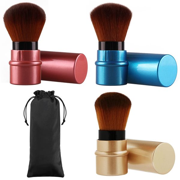 Vtrem 3PCS Retractable Kabuki Brushes Portable Travel Makeup Brushes Blush Small Soft Face Powder Brush with Cover for Blush Buffing Flawless Powder, Cosmetics Tool, Brown/Red/Blue