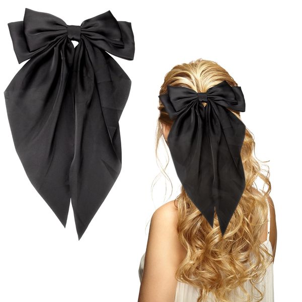 OOTDAY Haarschleifen, Satin-Haarschleifen für Frauen, überdimensionale lange Schwanz Haarschleife, niedliche Haar-Accessoires (schwarz)