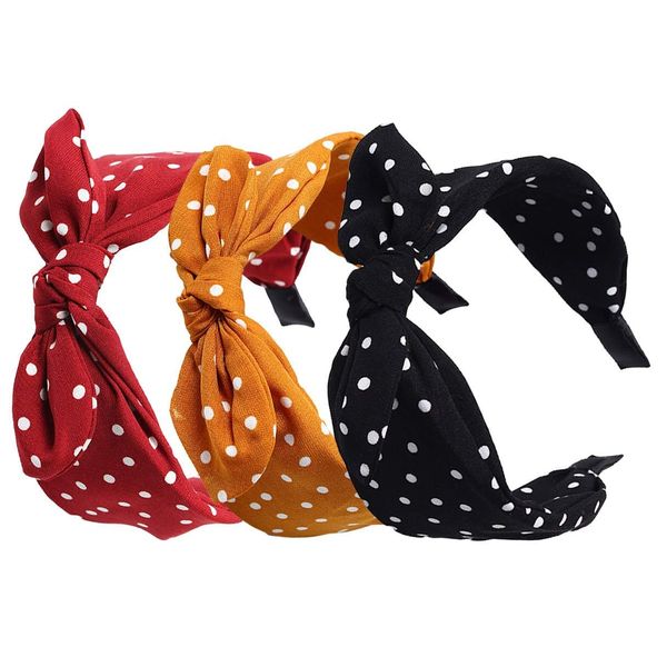 3Pcs Polka Dot Headband, Bow Knot Fabric Headbands Knotted Hair Bands, Wide Band Cloth Headwrap Hair Accessories for Women Girls (Black Red Yellow)