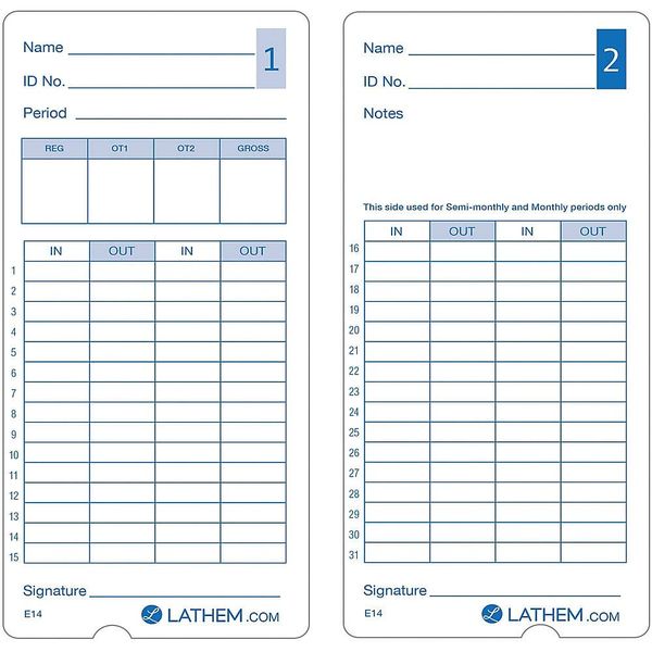 Lathem E14-100 Pack of 100 Time Cards, 2-Sided, for use with Lathem Model 400E Time Clock, 7" High