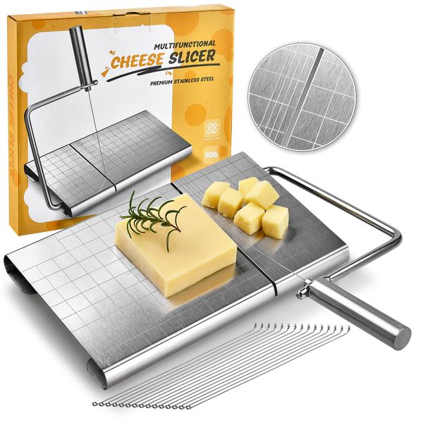 COCOBOSS Wire Cheese Slicer for Block Cheese Heavy Duty, Multifunctional Adjustable Cheese Cutter with 15 Replacement Wires - Stainless Steel Precise Scale