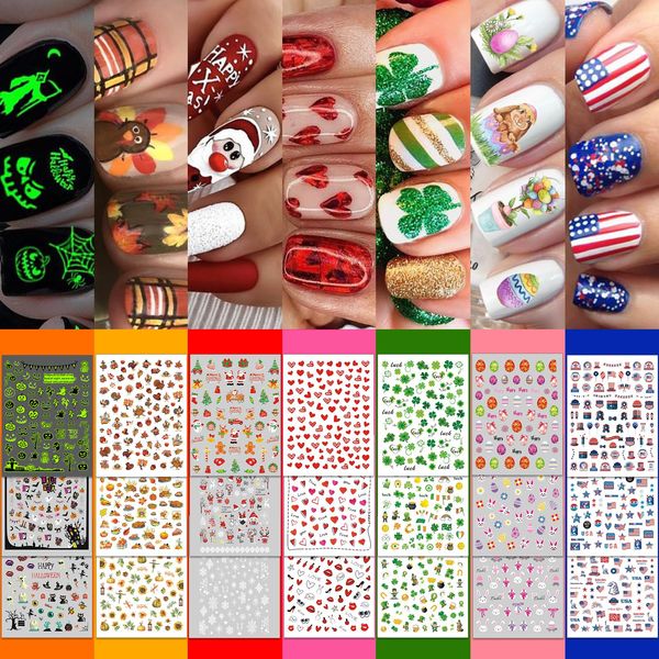 30 Sheets 7 Holiday Nail Art Stickers, Mixed Season Nail Decals Set for All Year, 3D Self-Adhesive Pegatinas Uñas Easter 4th of July Halloween Thanksgiving Christmas Valentine's St. Patrick's Day