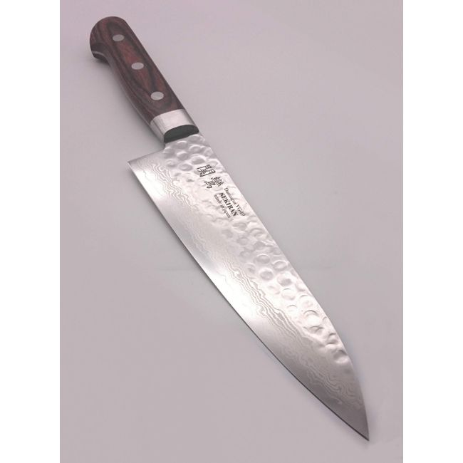 Kanran Seki Cutlery Gyuto 8.3 inches (210 mm) Professional High Quality Knife V Gold No. 10 17 Layer Damascus Hammer Mahogany Wood HRC59.5-60 Takefu Special Steel