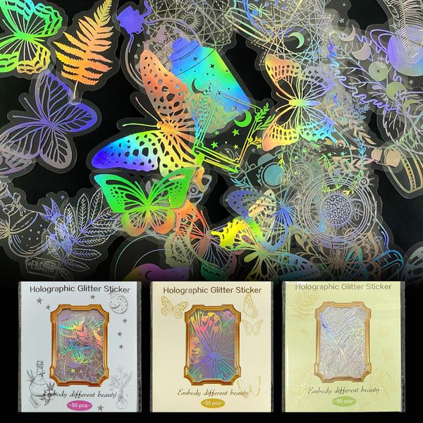 INNAL 200 Pcs Scrapbook Stickers Holografische Glitzer Aufkleber PET Holografische Aufkleber Selbstklebender Transparente Scrapbooking Aufkleber für DIY Scrapbook Kalender Fotoalbum Tagebuch