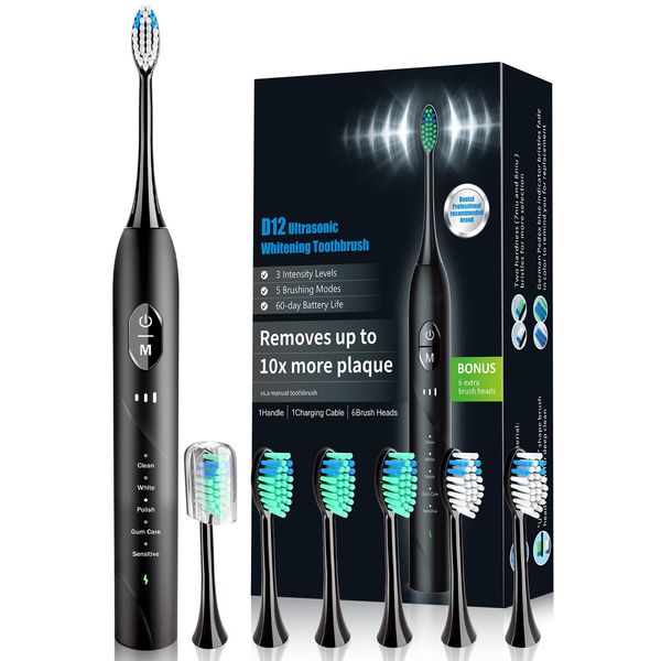 PERBOL Sonic Electric Toothbrush for Adults, Rechargeable with 6 Replacement Brush Heads, 5 Modes and 3 Intensity, with 2-Minute Intelligent Timer and IPX7 Waterproof Technology, in Antique Black