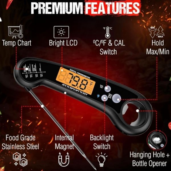 Waterproof Meat Thermometer with Backlight, Foldable Probe, Digital Display New