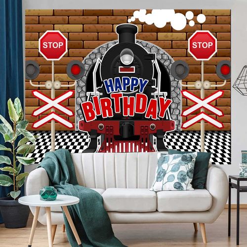 KIKIDOR Cartoon Train Backdrop Retro Steam Train Tunnel Child Birthday Party Supplies Baby On The Way Baby Shower Party Decor Props Vintage Wall Tile Kids Cake Table Booth Banner Studio Props 7x5ft