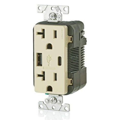 Leviton Type A & Type-C USB In-Wall Charger with 20A Tamper-Resistant Outlet, USB Charger for Smartphones and Tablets. Not for Laptops, T5833-I, Ivory