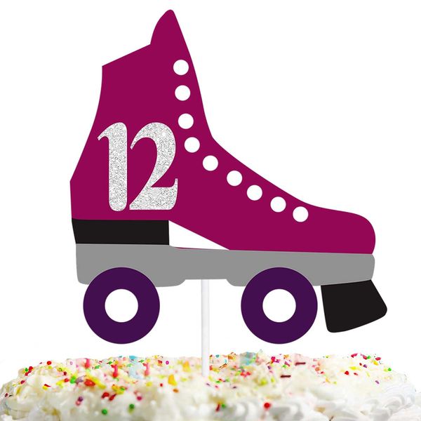 LunXie-C-12 Roller Skate Cake Toppe for Boys Girls 12th Happy Birthday 1980sTheme Party Supplies Decorations Celebrate Anniversary of The 80s Skate Club Purple Glitter Cheer to 12 Years Old