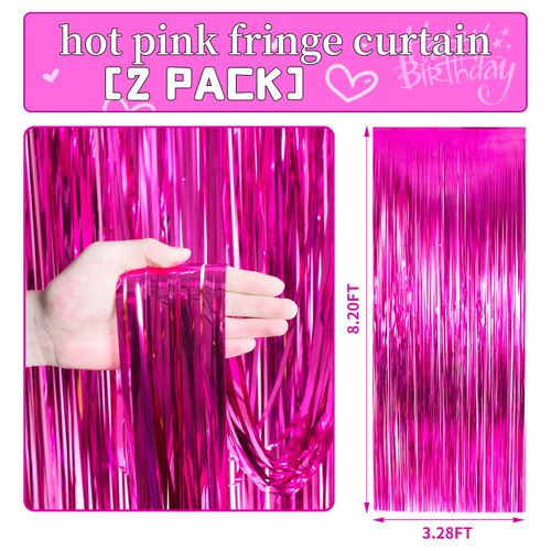YUKL Hot Pink Curtains Fringe Backdrop Hot Pink Streamers Party Decorations 2Pack 3.3*8.2FT Hot Pink Birthday Decorations Tinsel Backdrop Curtains Party Decorations for Womens Girls Party Decorations