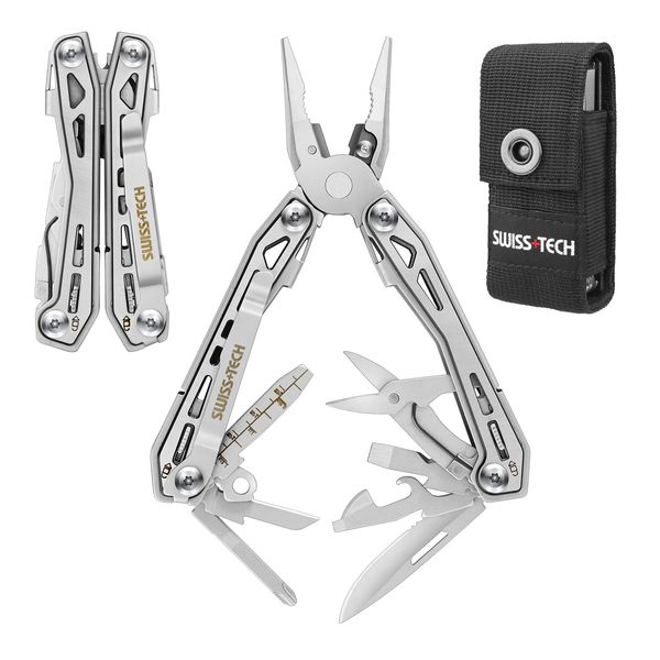 SWISS+TECH Multi-functional Pliers, Outdoor Multi-Tool, 16-in-1 Multiplier, Survival Tool, Equipped with Locking Function, Cutter, Saw, Bottle Opener, File, Outdoor, DIY, Mountain Climbing, Camping,