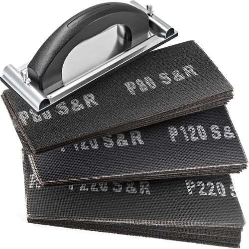 S&R Drywall Sanding Mesh Set, 30 Grid Cloth Sanding Sheets (10 x P80, P120, P220), 280 x 93 mm, with Hand Sander 240 x 80 mm, Robust Silicon Carbide Grain, Ideal for Plaster, Wood, Metal