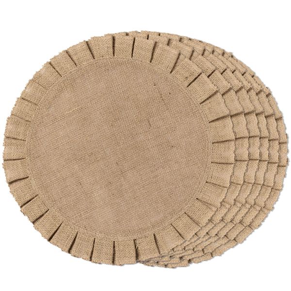 FunWheat Burlap Round Braided Placemats Set of 6 for Dining Tables 15 Inch Heat Resistant Jute Table Mats Farmhouse Woven Fabric Natural Place mats (Ruffled Lace)