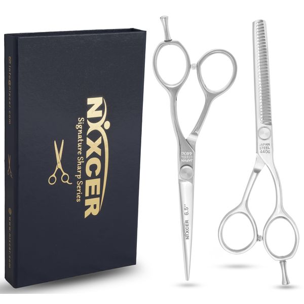 Nixcer Professional Scissors - 6.5" Korean Hair Cutting Scissors C440 Japanese Steel, Featuring Long-Lasting Sharpness (Hair Thinning Scissors + Hair Cutting Scissors) (Combo)