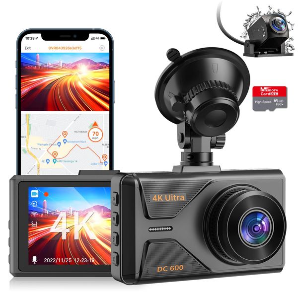 VANBAR Dash Camera, Innovative 4K (GPS Tracking, Voice Control & WIFI) Included, 64 GB SD Card, Front and Rear Camera, 512 GB Compatible, Noise Prevention, 170° Ultra Wide Angle, Engine Linking, Back