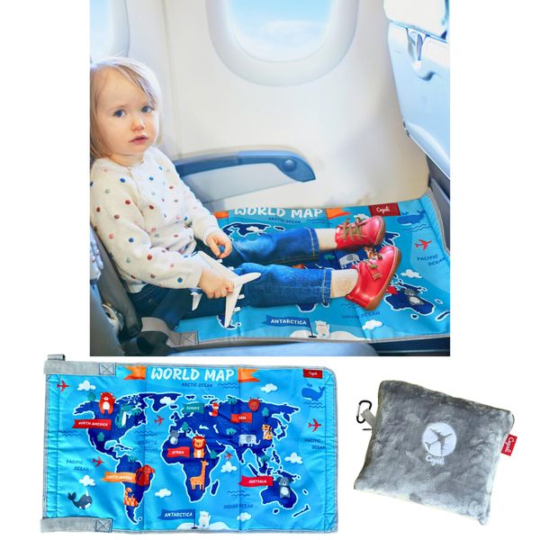 Cegali Airplane Seat Extender for Kids WM: Enhance Your Child's in-Flight Comfort. Travel Toddler Bed, Airplane Leg Rest, Airplane Foot Hammock and Toddler Seat Extender, All in One (World Map - Blue)